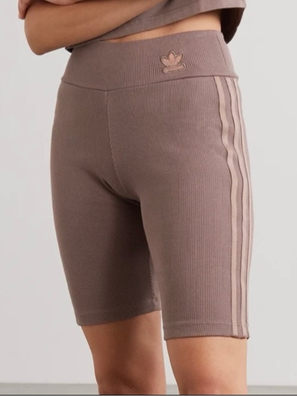 Adidas ORIGINALS Ribbed High-Waist Metallic Three Stripe Mauve Bike Shorts